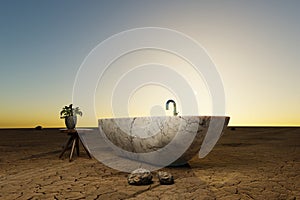 lonely freestanding bathtub in large desert environment travel hotel relaxation concept 3D illustration