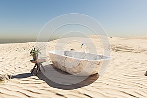 lonely freestanding bathtub in large desert environment travel hotel relaxation concept 3D illustration