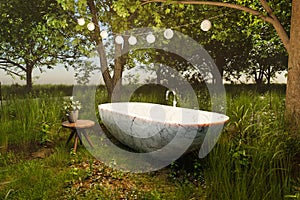 lonely freestanding bathtub in large jungle environment travel hotel relaxation concept 3D illustration