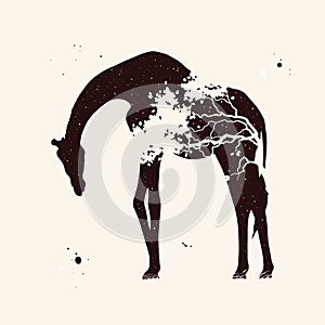 Lonely giraffe and tree. Abstract animal silhouette. Night starry sky