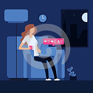 Lonely girl at night with laptop. Loneliness vector concept