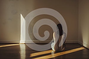 A lonely girl seated on the floor in empty room. Isolation, depression concept