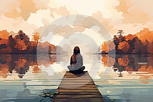 lonely girl sit on jetty by the lake in autumn AI generated
