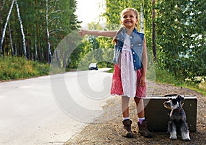 Lonely girl standing on the road with a suitcase and a dog, raised her hand