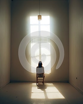A lonely girl, a woman sitting on a chair by the window in an empty room. loneliness, fatigue, hopelessness. Female