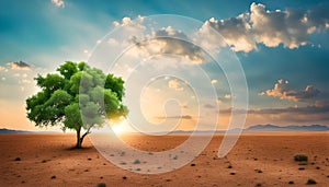 lonely green tree, in an arid field, azure blue sky, with clouds at sunset