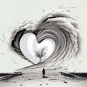 Lonely Heart & Heartache: Artistic Drawing Capturing Loneliness, Meditative Thought, Solitude, and Introspection