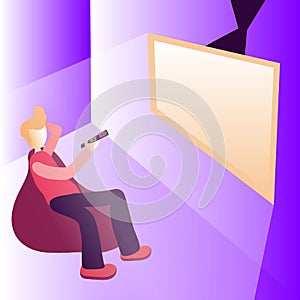 Lonely hipster man sitting in beanbag watching news on TV glowing screen in room. Self isolation concept. purple and pink. Vector