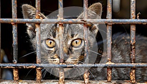 Lonely homeless cat in shelter cage, abandoned behind rusty bars, seeking care and food