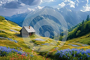A lonely house in alpine meadows against the backdrop of snowy mountain peaks. Scenery