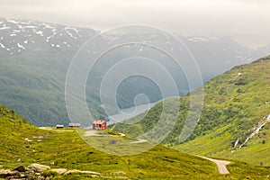 The lonely house on mountain lake in Norway