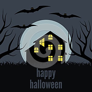 A lonely house at night in front of the Moon