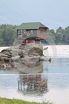 Lonely house on the river Drina in Bajina Basta, Serbia. Cabin, forest.