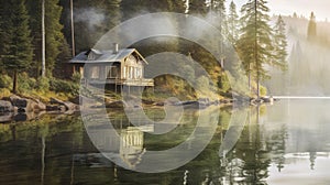 A lonely house on the shore of a lake in the mountains