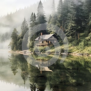 A lonely house on the shore of a lake in the mountains