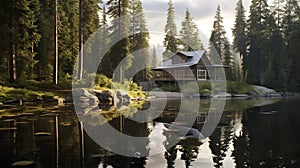 A lonely house on the shore of a lake in the mountains