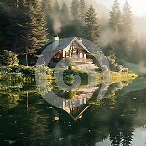 A lonely house on the shore of a lake in the mountains