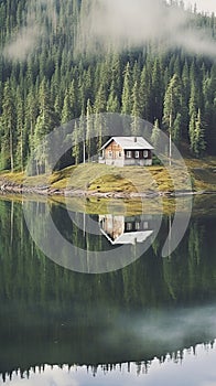 A lonely house on the shore of a lake in the mountains