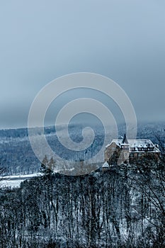 A lonely house stands on a hill in the middle of a forest