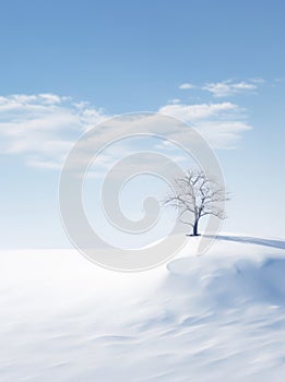 Lonely isolated tree sits on snowy hill top on clear day