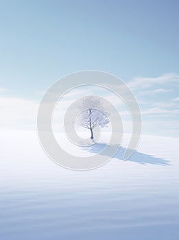 Lonely isolated tree sits on snowy hill top on clear day