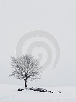 Lonely isolated tree sits on snowy hill top on clear day