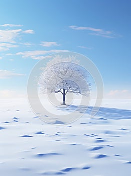 Lonely isolated tree sits on snowy hill top on clear day