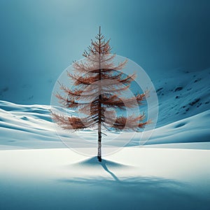 Lonely isolated tree sits on snowy hill top on clear day