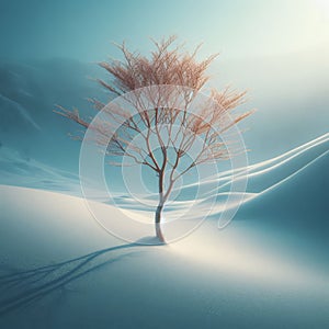 Lonely isolated tree sits on snowy hill top on clear day