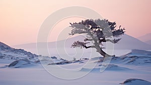 Lonely Juniper On Snow-covered Mountains: A Romantic Landscape