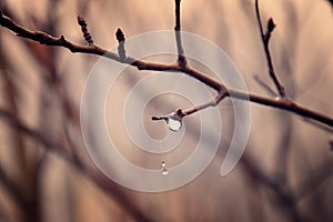Lonely leafless tree branches with drops of water after a Novem