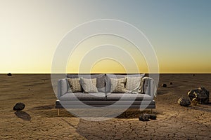 lonely living room couch in large desert environment immersion entertainment movie concept 3D illustration