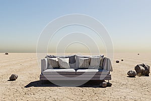 lonely living room couch in large desert environment immersion entertainment movie concept 3D illustration