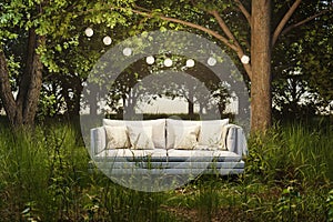 lonely living room couch in large jungle environment immersion entertainment movie concept 3D illustration