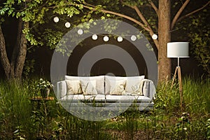 lonely living room couch in large jungle environment immersion entertainment movie concept 3D illustration