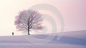 Lonely Mahogany Tree In Snow: Serene Scenes Of Hazy Romanticism