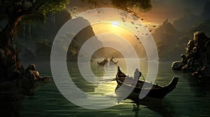 a lonely man in a boat at sunset scenery