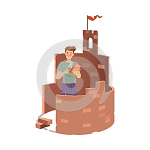 Lonely man building her own brick castle. Social isolation, unsocial lonely person cartoon vector illustration