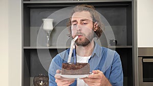 Lonely man celebrating birthday alone, depression, crisis.