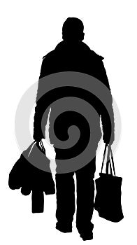 Lonely man doing everyday grocery shopping at supermarket buy food and another goods, vector silhouette.