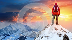 lonely man enjoys the view of the summer mountains while he standing on a mountain peak.