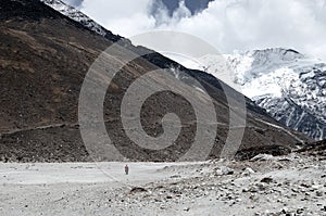 Lonely man goes to base camp go Island peak mountain