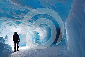 Lonely man in large ice cave in snow journey.