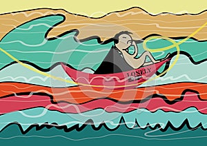 Lonely man sailed to ocean cartoon illustration