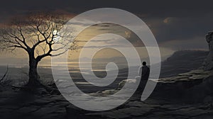 Lonely man sits on the rocky shore of a drying lake next to a big bare tree watching the sunset.