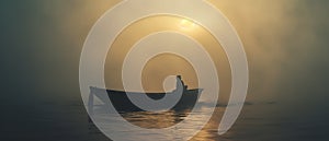 A lonely man sitting in a boat in the middle of a lake or sea. Overcast, foggy, misty wheather.