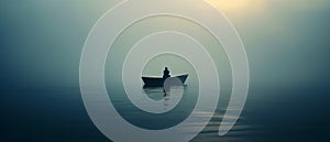 A lonely man sitting in a boat in the middle of a vast lake. Dark foggy, misty wheather, overcast. photo