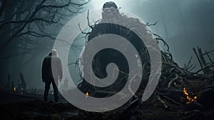 A lonely man stands in front of a monster in a misty forest