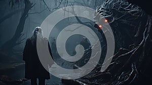 A lonely man stands in front of a monster in a misty forest