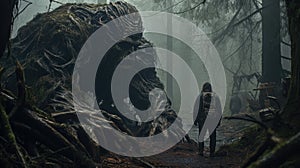 A lonely man stands in front of a monster in a misty forest